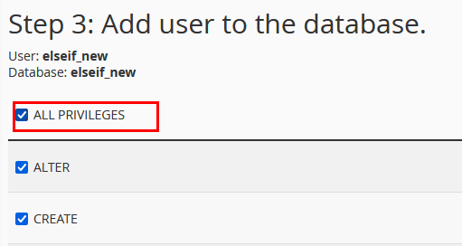 نوع دسترسی‌های کاربر جدید به پایگاه داده